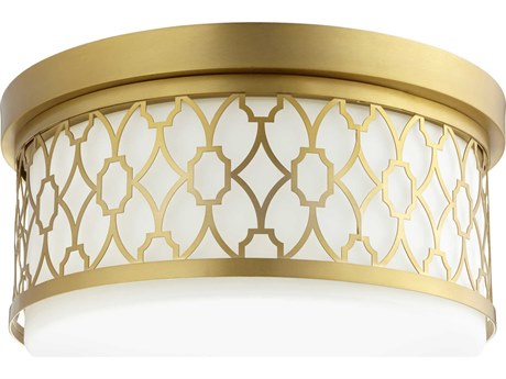 Quorum 3-Light Aged Brass Glass Drum Flush Mount