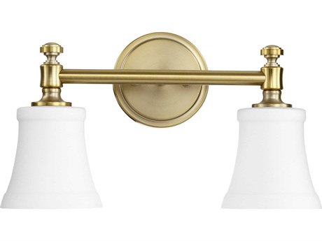 Quorum Rossington 2-Light Aged Brass With Satin Opal White Glass Vanity Light