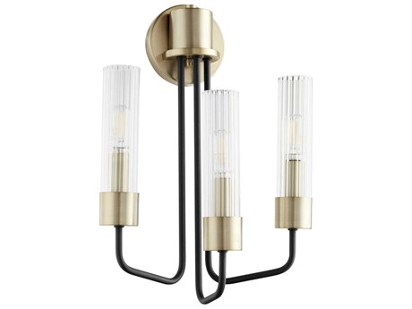 Quorum Helix 3-Light Noir With Aged Brass Black Glass Wall Sconce