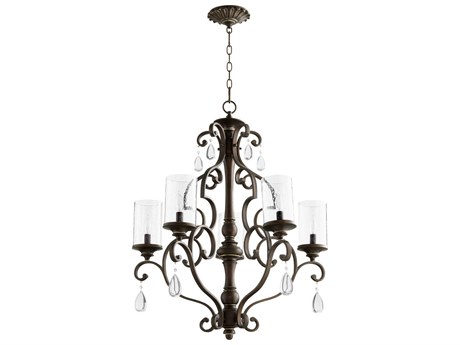 Quorum San Miguel 5-Light Vintage Copper Crystal Glass Candelabra Cylinder Tiered Chandelier