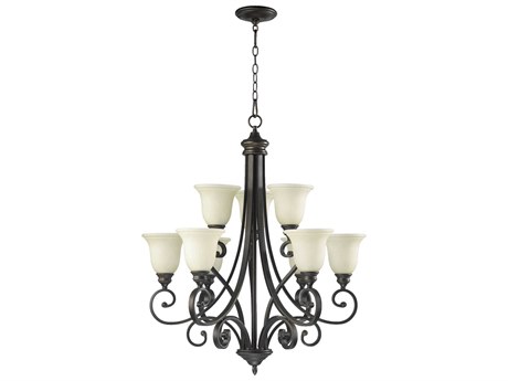 Quorum Bryant 9-Light Oiled Bronze Glass Bell Tiered Chandelier
