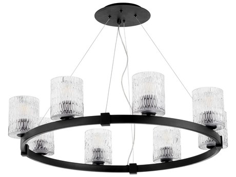 Quorum Stadium 8-Light Noir Black Glass Cylinder Round Chandelier