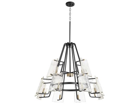 Quorum Tioga 12-Light Noir With Aged Brass Black Glass Candelabra Tiered Chandelier