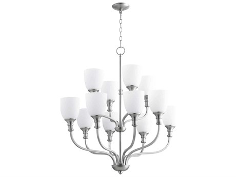 Quorum Richmond 12-Light Satin Nickel White Glass Bell Tiered Chandelier