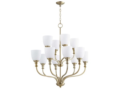 Quorum Richmond 12-Light Aged Brass Glass Bell Tiered Chandelier