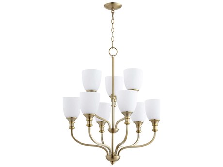 Quorum Richmond 9-Light Aged Brass Glass Bell Chandelier