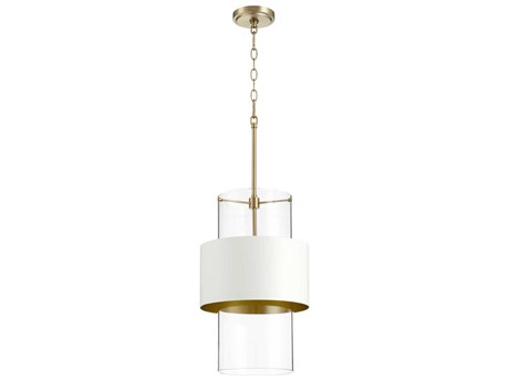 Quorum 1-Light Aged Brass With Studio White Glass Cylinder Mini Pendant