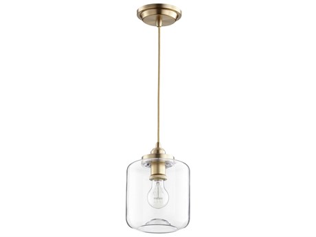 Quorum 1-Light Aged Brass Glass Cylinder Mini Pendant