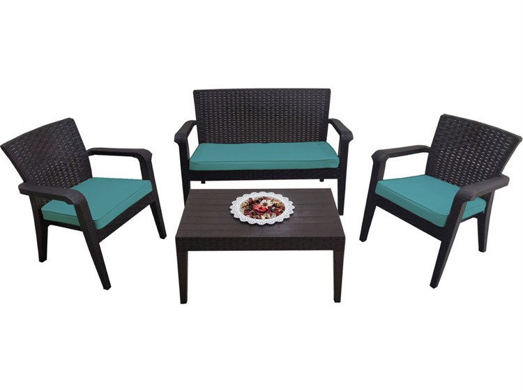 Rainbow Outdoor Alaska Resin Wicker Brown 4 Piece Lounge Set with Cushions Teal