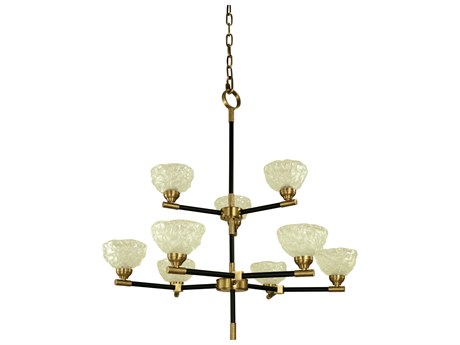 Framburg Stonebridge 9-Light Antique Brass Matte Black Glass Bowl Tiered Chandelier