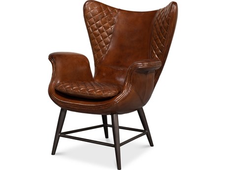 Sarreid Ltd Quilted Vintage Havana Leather Wing Chair