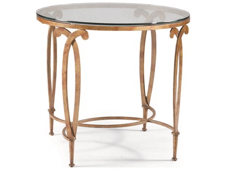 Sherrill Occasional Fleur-de-lis Round Glass Antique Muted Gold Lamp Table