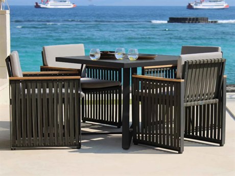 Skyline Design Horizon Dark Gray Strap Teak Arm Aluminum Dining Set