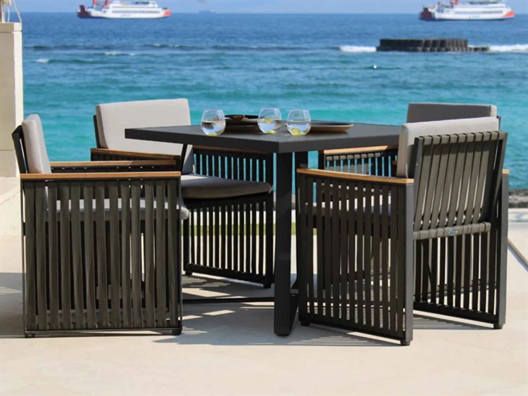 Skyline Design Horizon Dark Gray Strap Teak Arm Aluminum Dining Set