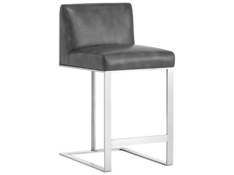 Sunpan Ikon Dean Leather Cantina Magnetite Brushed Steel Counter Stool