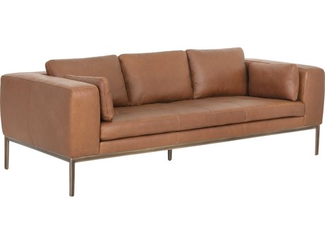 Sunpan Irongate Burr Behike Saddle Brass Brown Leather Sofa