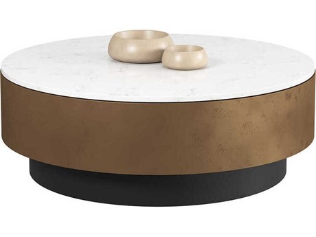 Sunpan Zelda Round Marble White Black Antique Brass Coffee Table