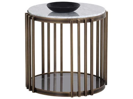 Sunpan Naxos Round Marble White Rustic Bronze End Table