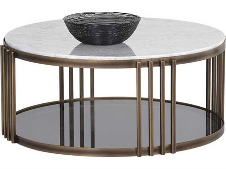 Sunpan Naxos Round Marble White Rustic Bronze Coffee Table