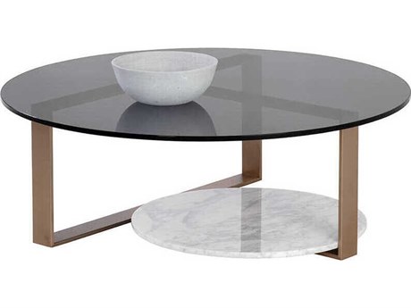 Sunpan Maldini Round Glass Grey Antique Brass Coffee Table