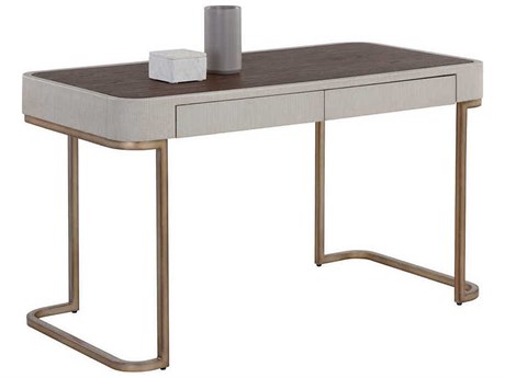 Sunpan Jamille Cream Warm Brass Beige Oak Wood Secretary Desk