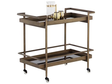 Sunpan Livingston Glass Antique Brass Bar Cart