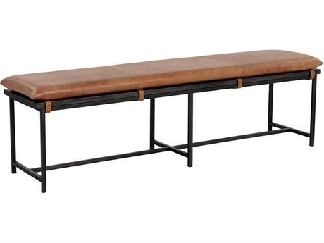 Sunpan Zancor Gunmetal Tan Leather Brown Upholstered Accent Bench
