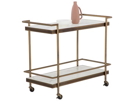 Sunpan Contardi Marble White Rustic Bronze Bar Cart