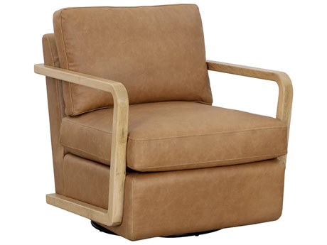 Sunpan Castell Swivel Oak Leather Accent Chair