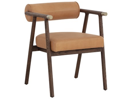 Sunpan Sova Oak Wood Brown Leather Arm Dining Chair