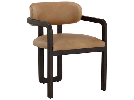 Sunpan Madrone Oak Wood Brown Leather Arm Dining Chair