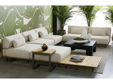 Sunpan Outdoor Geneve Aluminum Dark Grey Sectional Lounge Set in Palazzo Cream