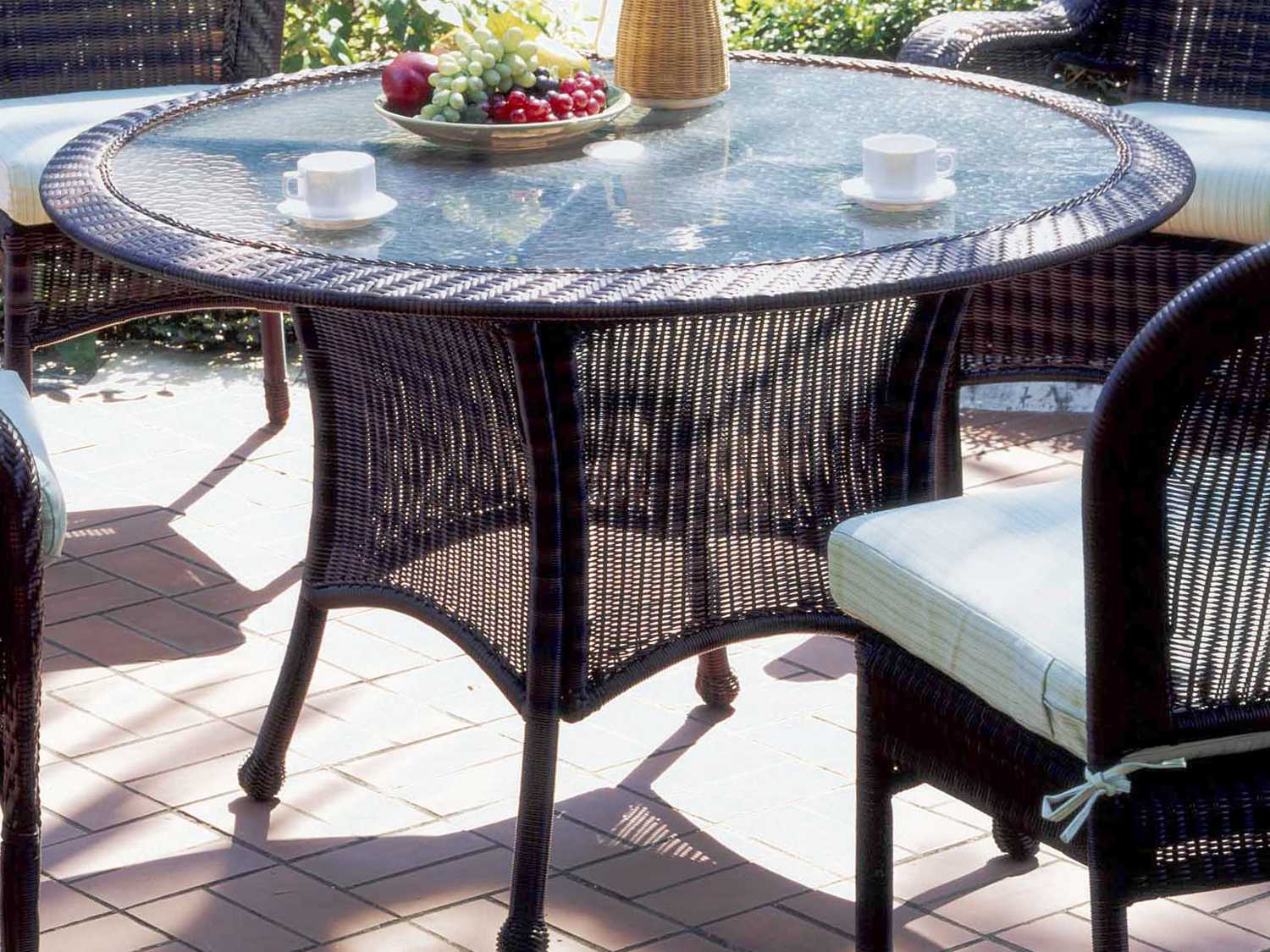 South Sea Rattan Key West Wicker 48''Wide Round Glass Top Dining Table