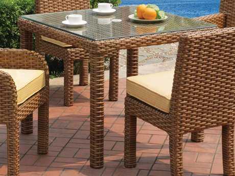 South Sea Rattan Java Wicker Honey Square Glass Top Outdoor Dining Table