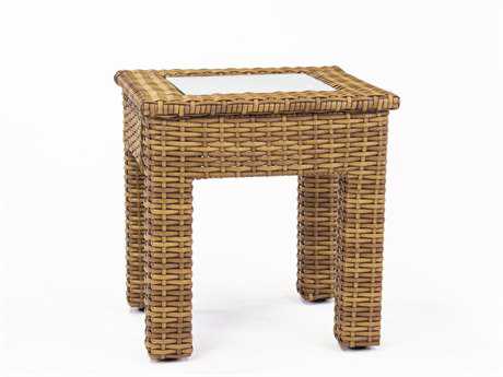 South Sea Rattan Java Wicker Honey Square Glass Top Outdoor End Table