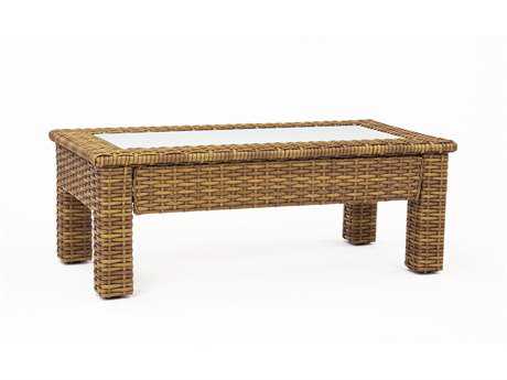 South Sea Rattan Java Wicker Honey Rectangular Glass Top Coffee Table