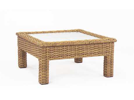 South Sea Rattan Java Wicker Honey Square Glass Top Outdoor Chat Table