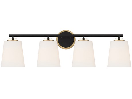 Savoy House Meridian 4-Light Matte Black Natural Brass Glass Vanity Light
