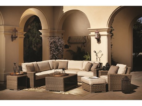 Sunset West Coronado Wicker Driftwood Sectional Lounge Set in Canvas Flax with Self Welt