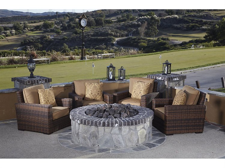 Sunset West Montecito Wicker Fire Pit Lounge Set in in Canvas Flax with Self Welt