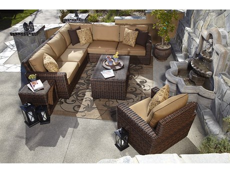 Sunset West Montecito Wicker Sectional Lounge Set in Canvas Flax with Self Welt