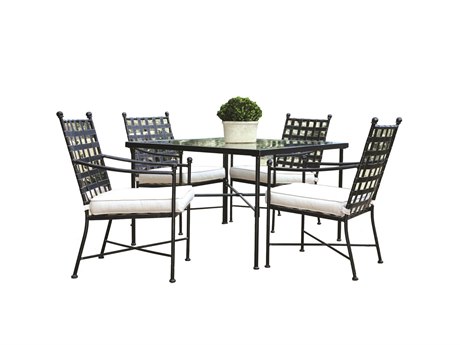 Sunset West Provence Wrought Iron Dining Set in Canvas Flax with Self Welt