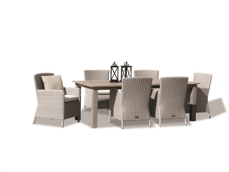 Sunset West Manhattan Wicker Outdoor Dining Set in Linen Canvas with Self Welt