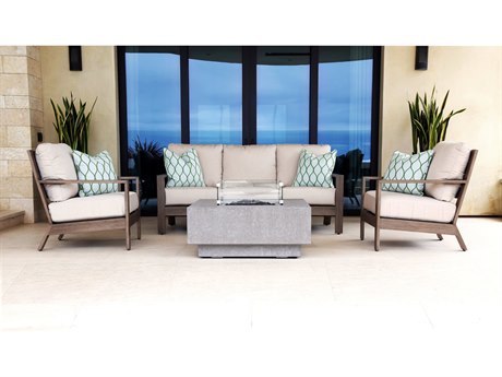 Sunset West Laguna Aluminum Fire Pit Lounge Set in Canvas Flax with Self Welt