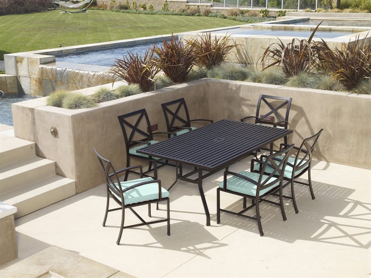 Sunset West La Jolla Aluminum Espresso Dining Set in Canvas Flax with Self Welt