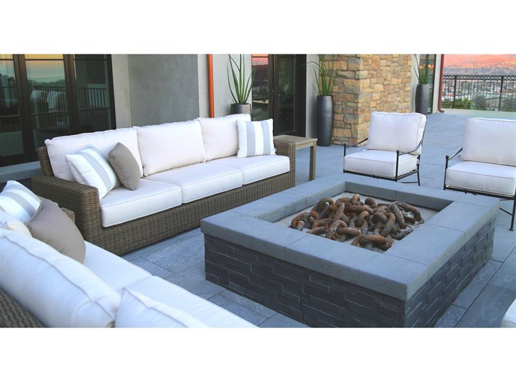 Sunset West Coronado Wicker Driftwood Fire Pit Lounge Set in Canvas Flax with Self Welt
