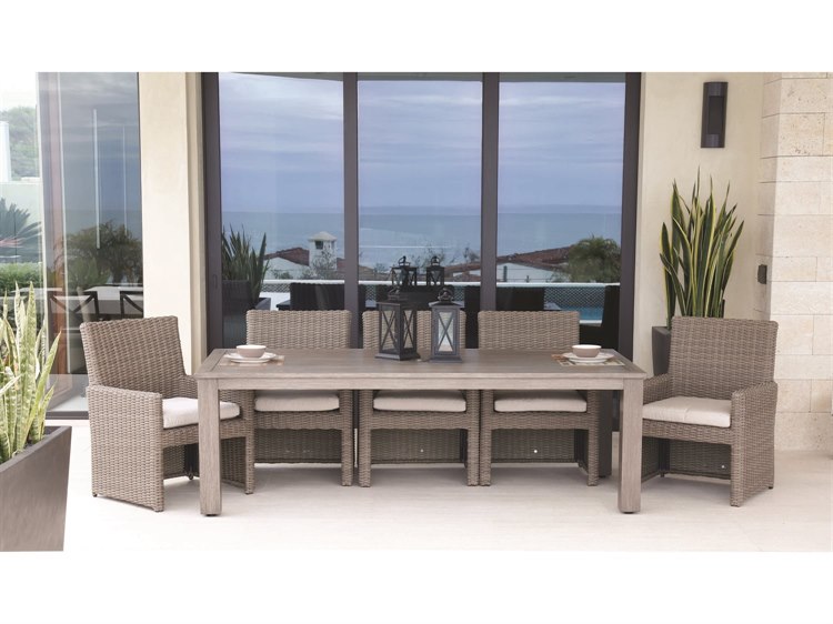 Sunset West Coronado Wicker Driftwood Patio Dining Set in Canvas Flax with Self Welt