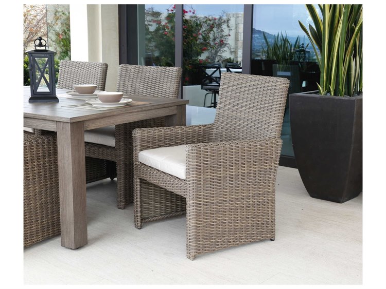 Sunset West Coronado Wicker Driftwood Outdoor Patio Dining Set in Canvas Flax with Self Welt
