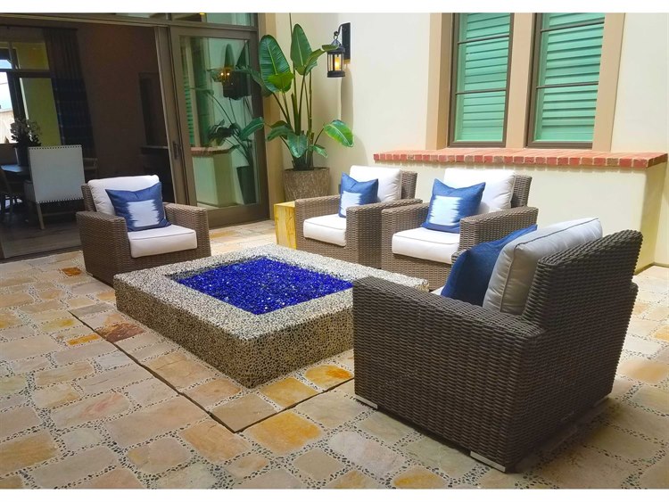 Sunset West Coronado Wicker Driftwood Fire Pit Outdoor Lounge Set in Canvas Flax with Self Welt