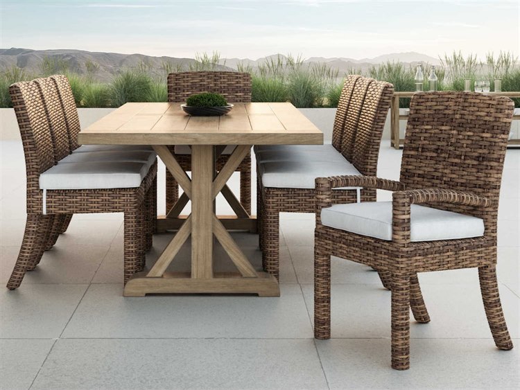 Sunset West Havana Wicker Rich Aged Tobacco Dining Set in Canvas Flax